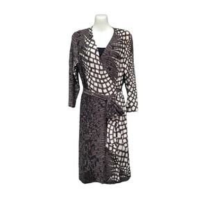 Etcetera Wrap Dress with 3/4 Sleeves Taupe, Brown and Cream, Sz 6